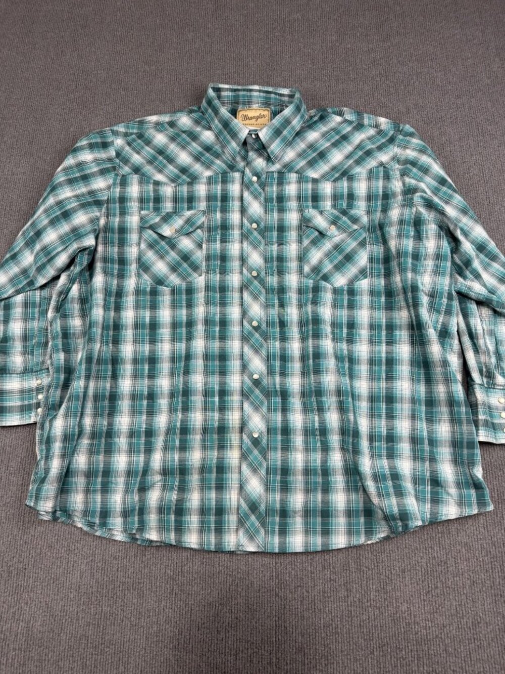 Wrangler Mens Teal White Plaid Pearl Snap Front Western Long Sleeve Shirt 3XL